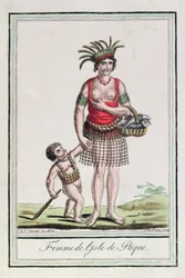 Uma mulher da ilha de Páscoa com seu filho, de &39;Encyclopedie des Voyages&39;, gravada por J. Laroque, 1796